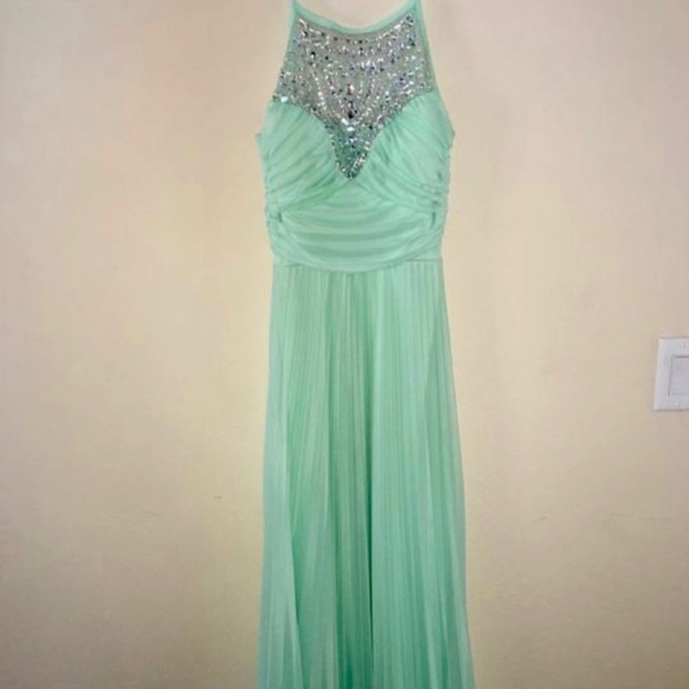 B. Darlin Ruched Beaded Mint Green Evening Gown - Picture 4 of 6